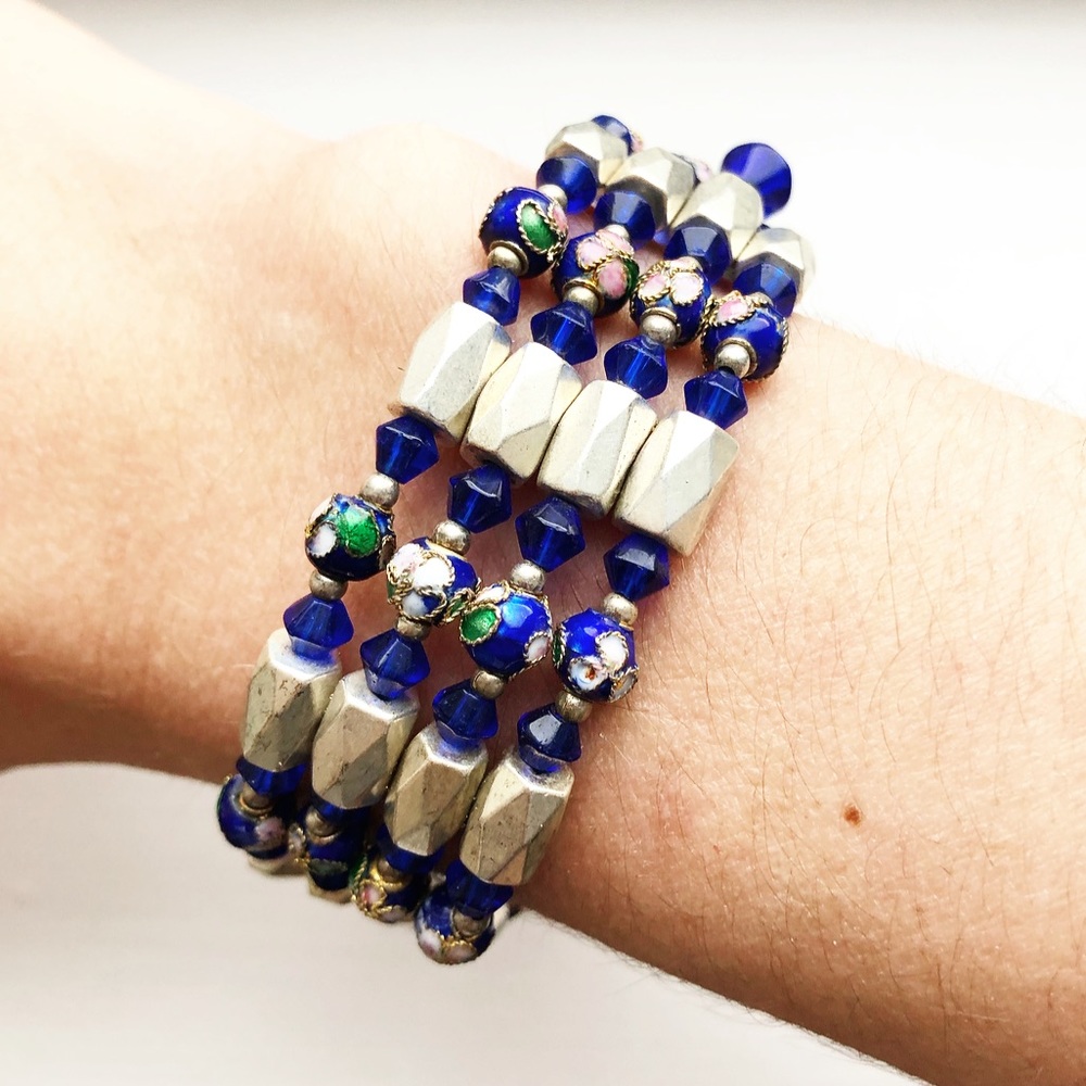Magnetic matte gold & blue wrap bracelet/necklace